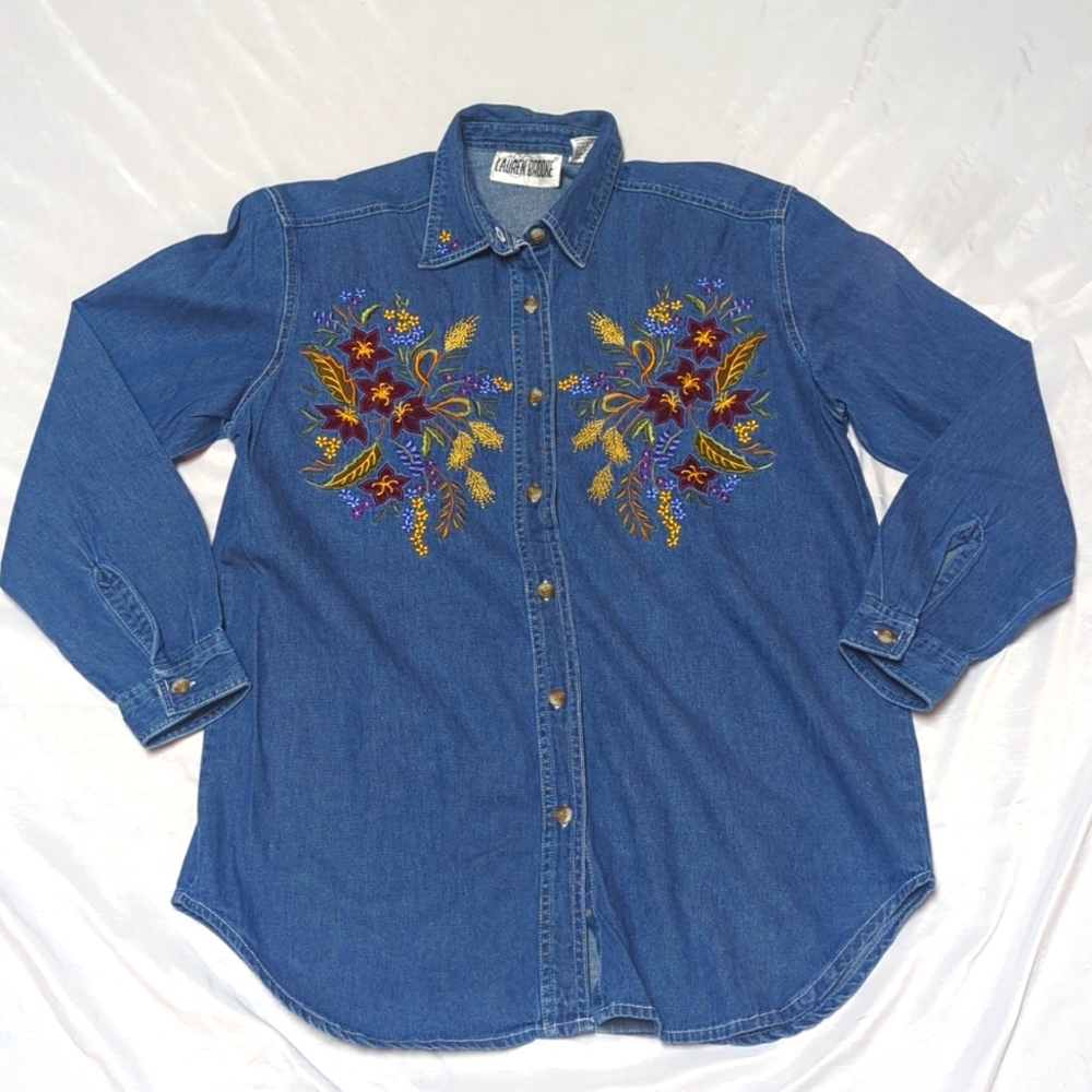 Classic Button Front 100% Cotton Denim Top with Embroidered Boho Flowers